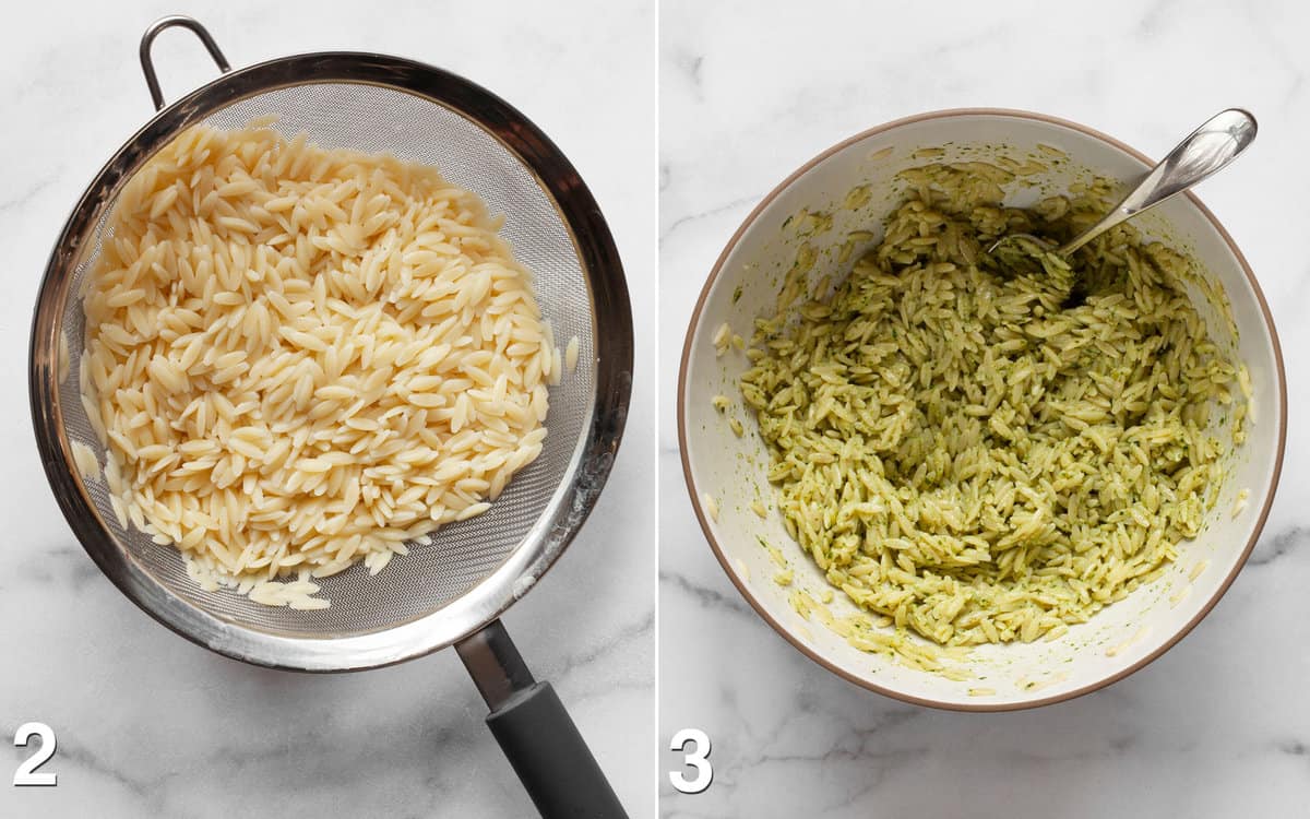 Orzo in a strainer. Pesto stirred into orzo in a bowl.