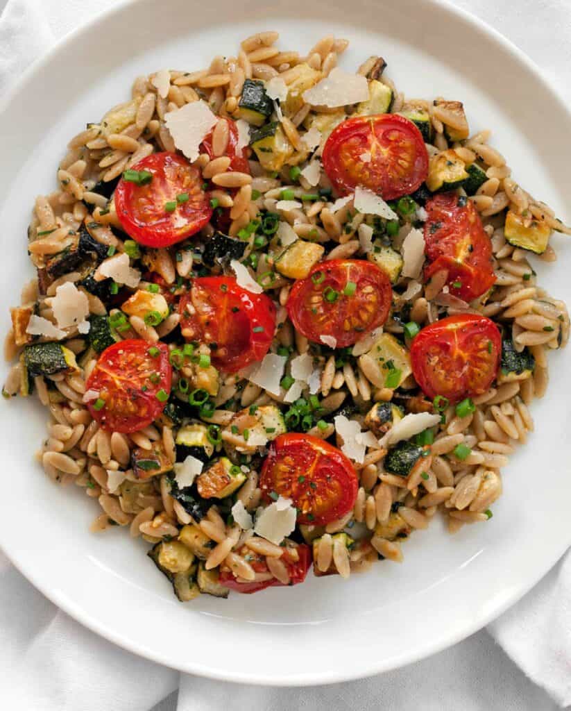 Orzo with roasted tomatoes and zucchini