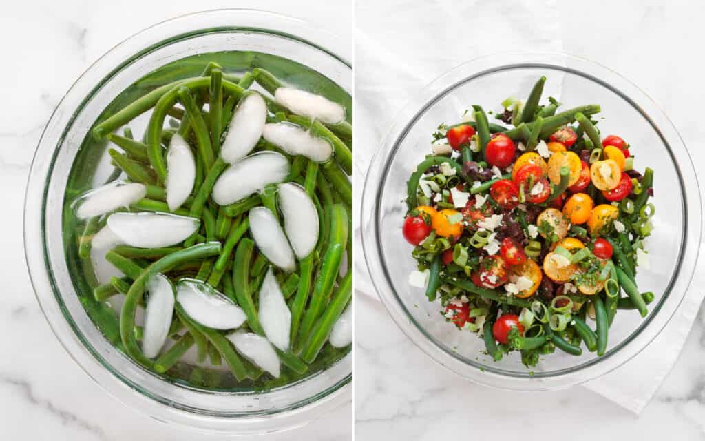 Shock the green beans in a bowl of ice water. Pat them dry and mix them with the tomatoes, olives and other salad ingredients in a bowl. 