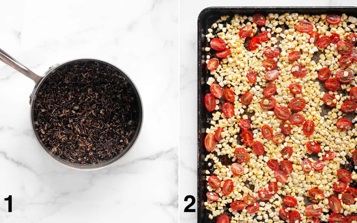Cooked rice in a pot. Raw corn and tomatoes on a sheet pan.