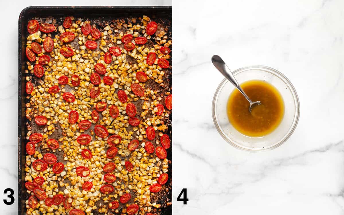 Roasted corn and tomatoes on a sheet pan. Vinaigrette whisked in a small bowl.