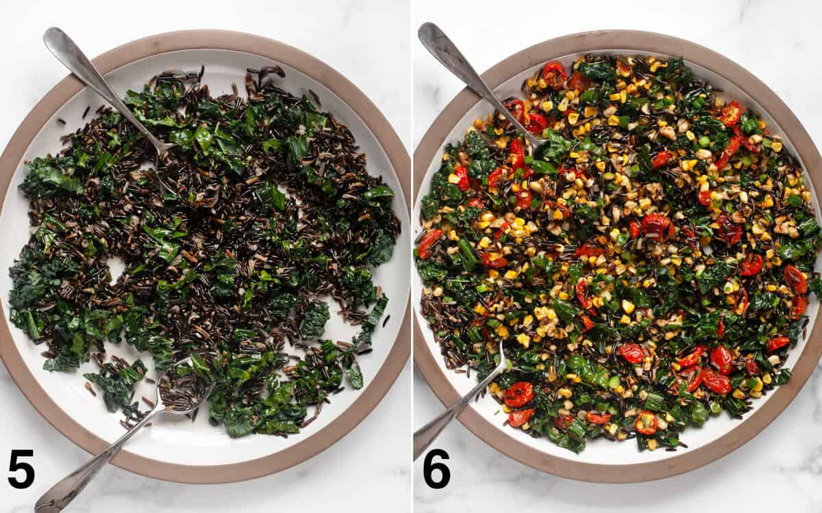 Rice and kale tossed with dresing in a bowl. Roasted corn and tomatoes, walnuts and scallions stirred into salad.