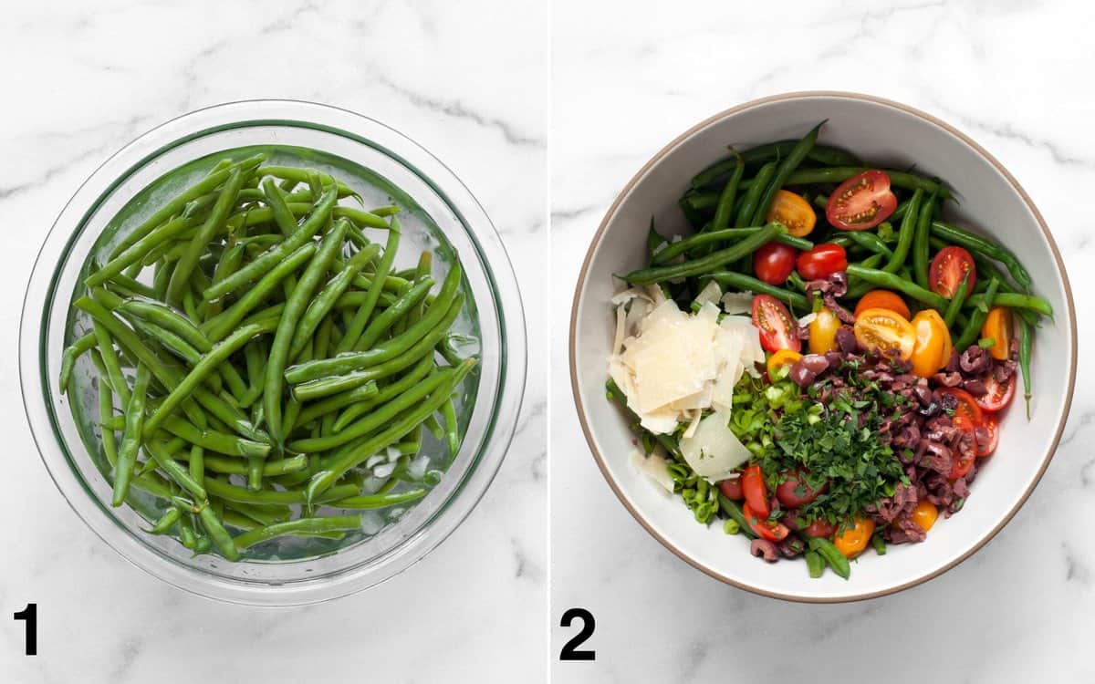 Green beans in a bowl of ice water. Salad ingredients in a large bowl.
