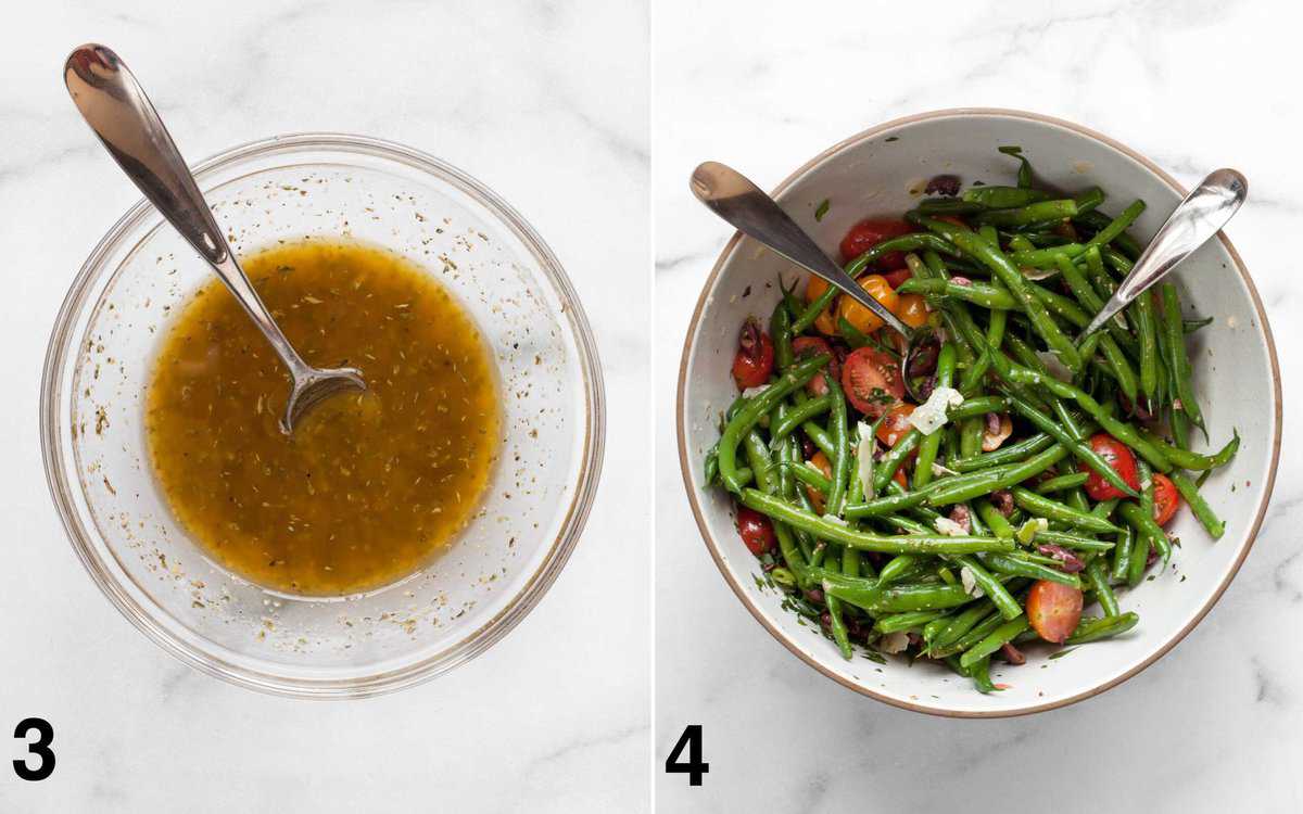 Italian vinaigrette in a bowl. Vinaigrette drizzled into salad.