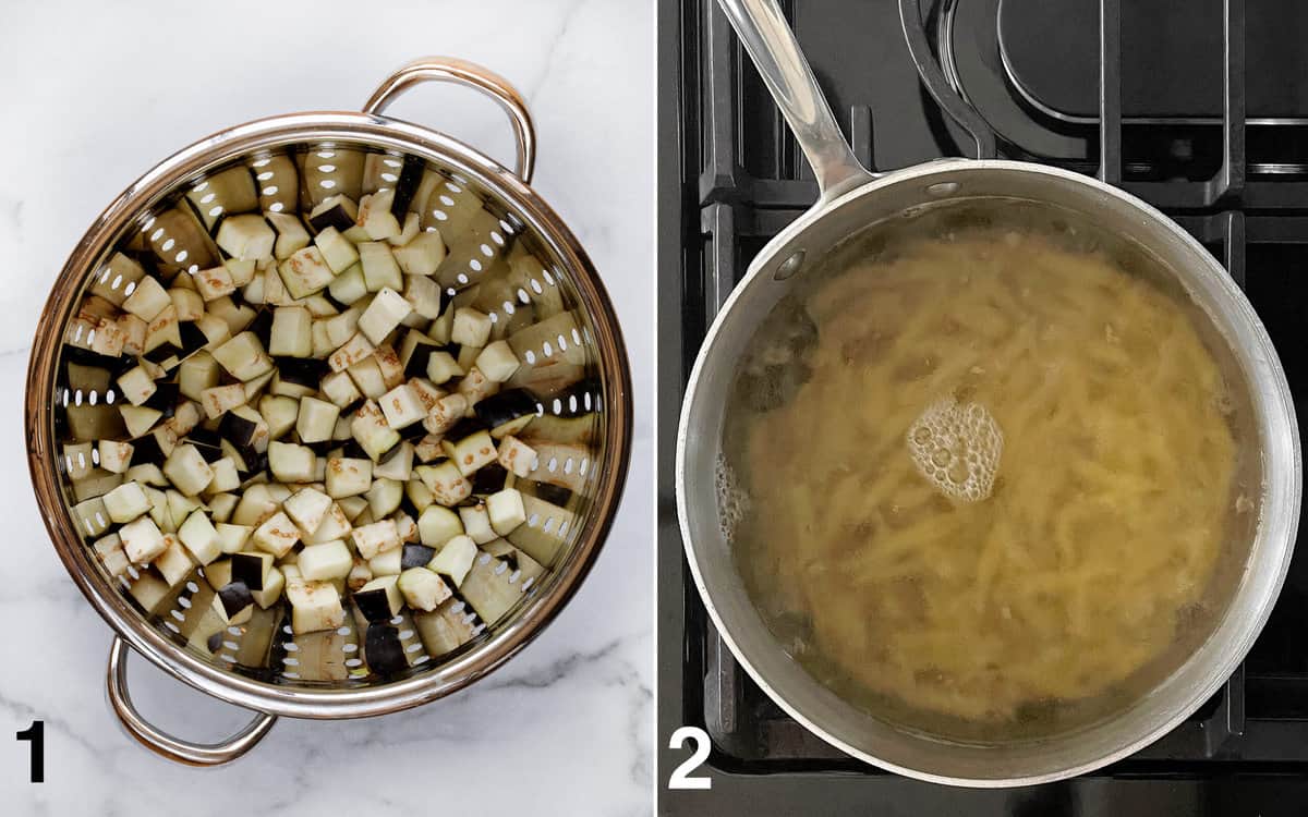 Salt the eggplant in a colander. Then cook the pasta in a pot on the stove.