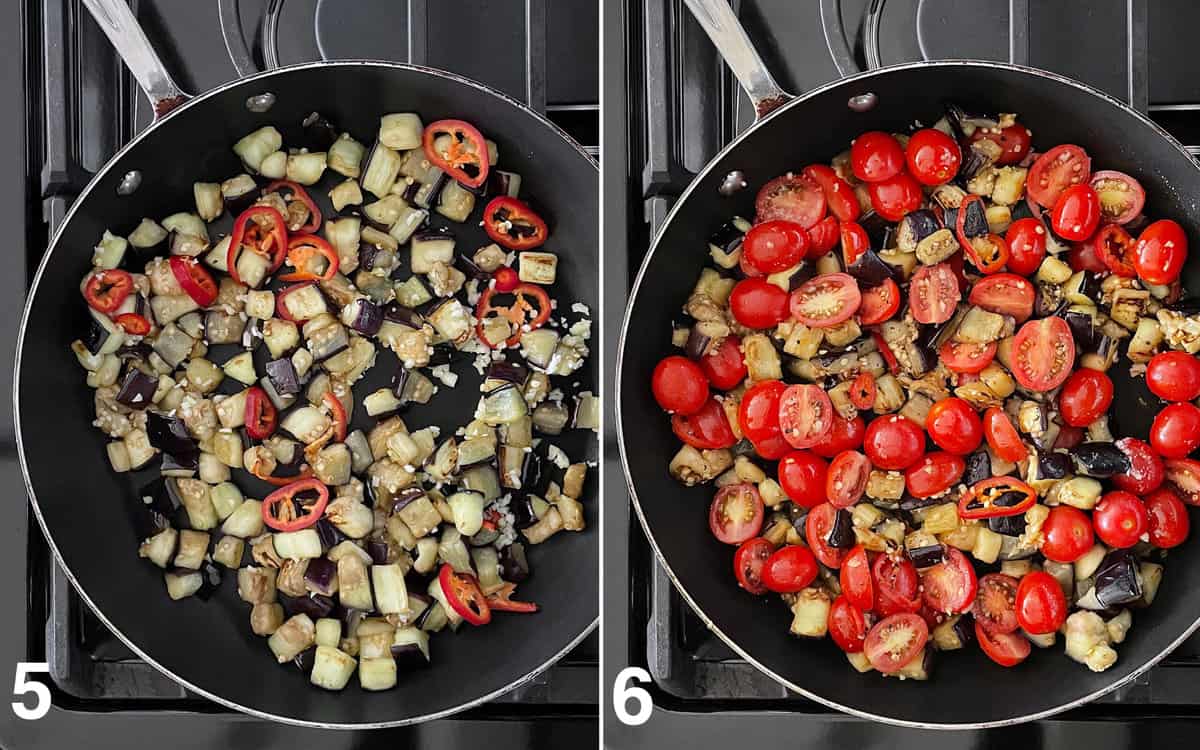 Stir the garlic and chilies into the eggplant into the skillet. Then add the tomatoes.