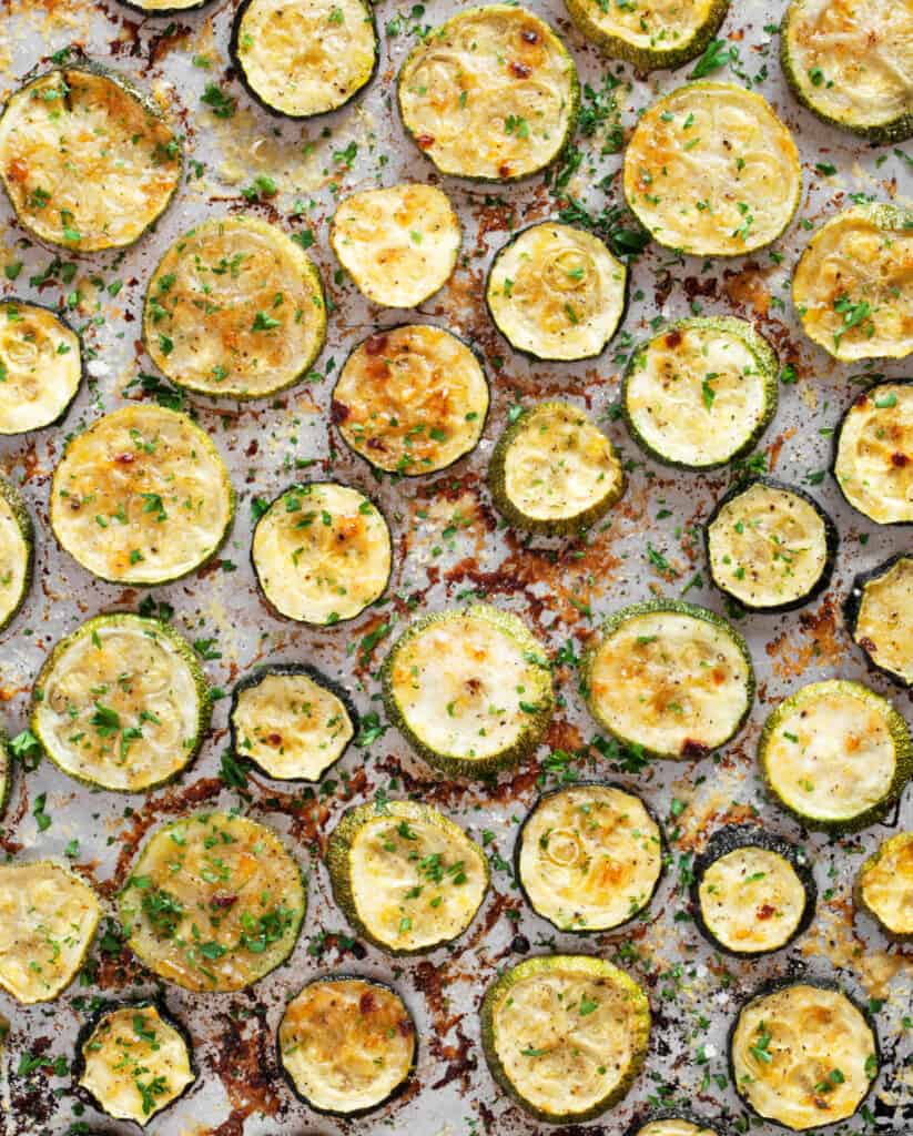 Oven-baked zucchini on a sheet pan