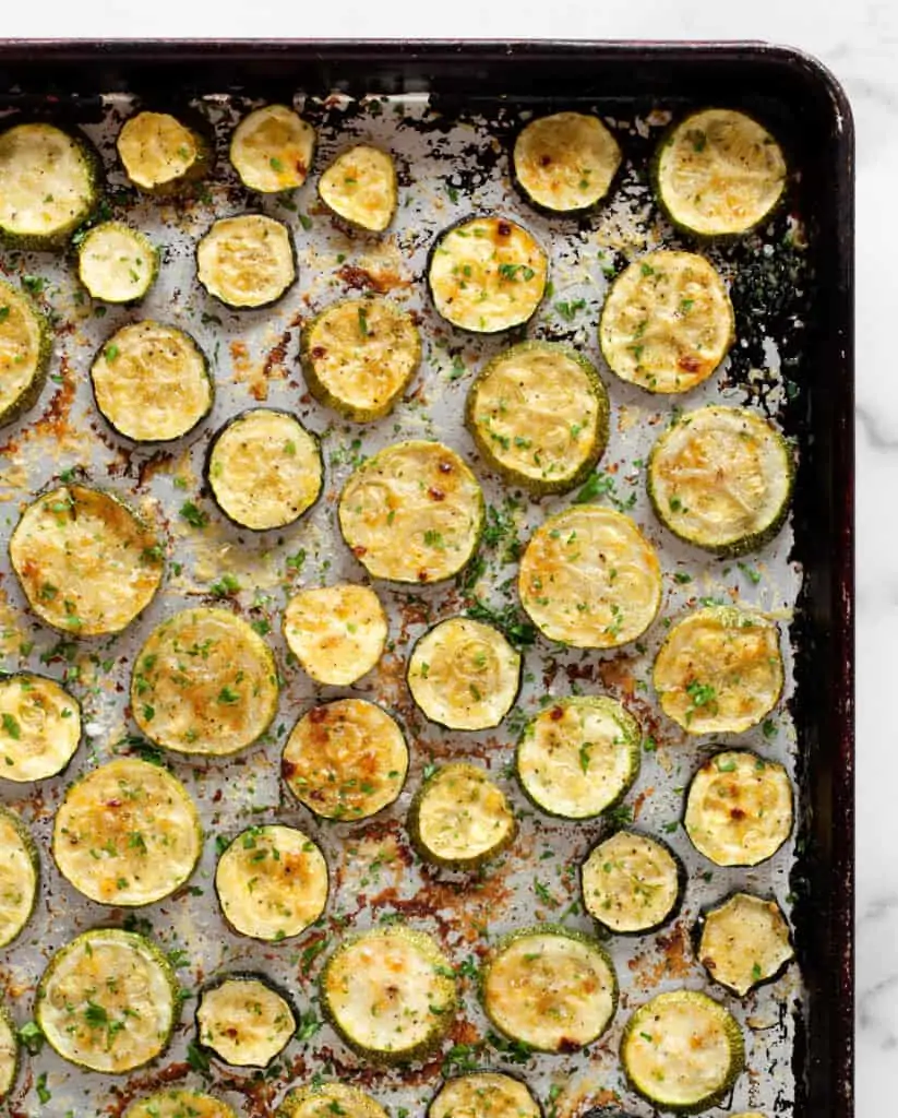 Roasted zucchini on a sheet pan