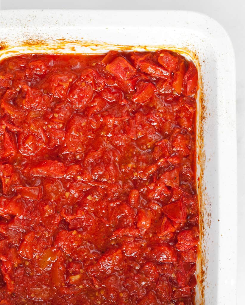 Roasted tomatoes in a baking dish