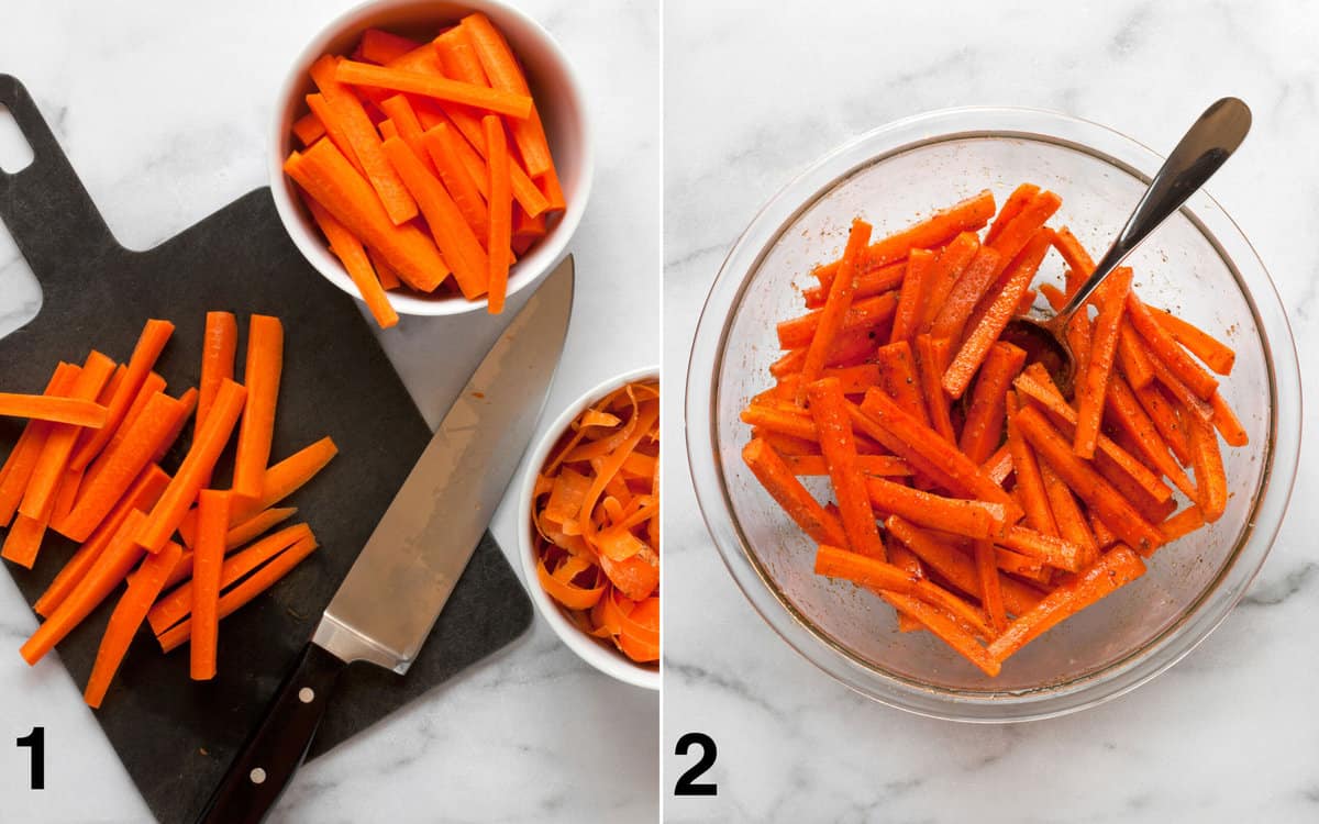 Slice the carrots into batons. Then combine them in a large bowl with spices and olive oil.