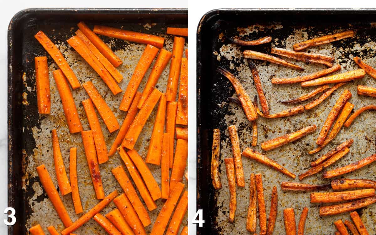 Carrot fries on a sheet pan before and after they are baked.