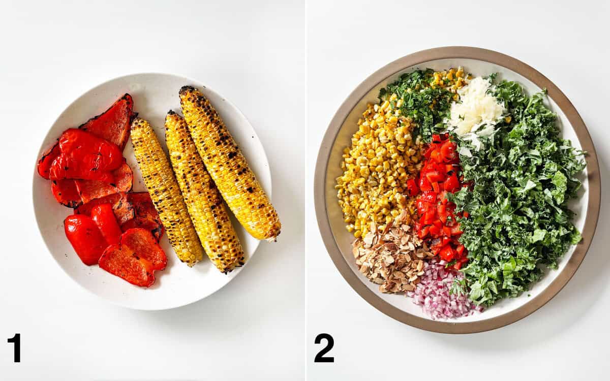 Grilled corn on the cob and peppers in a bowl. Salad ingredients assembled in a large bowl.