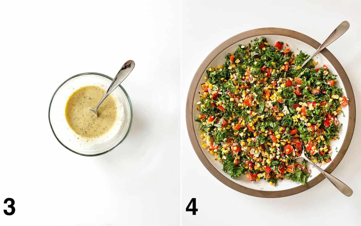 Tahini dressing in a small bowl. Salad tossed with dressing.