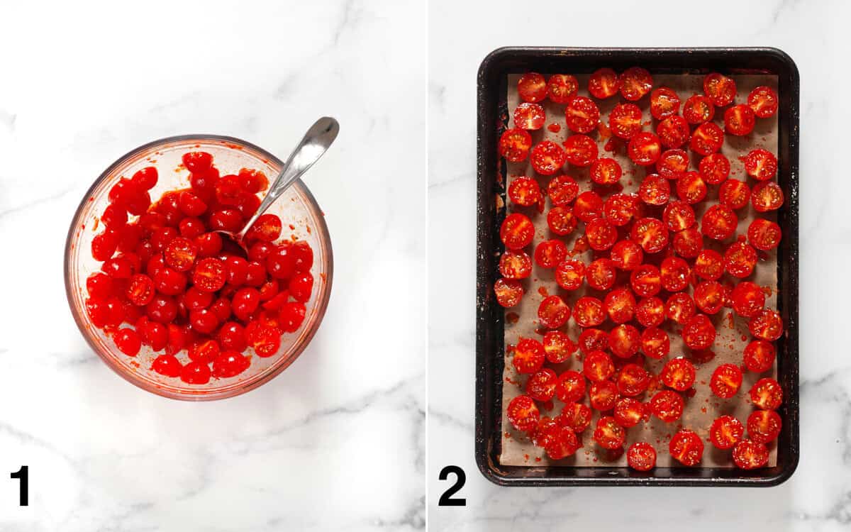Tomatoes stirred with harissa in a bowl. Tomatoes on a sheet pan before you roast them.