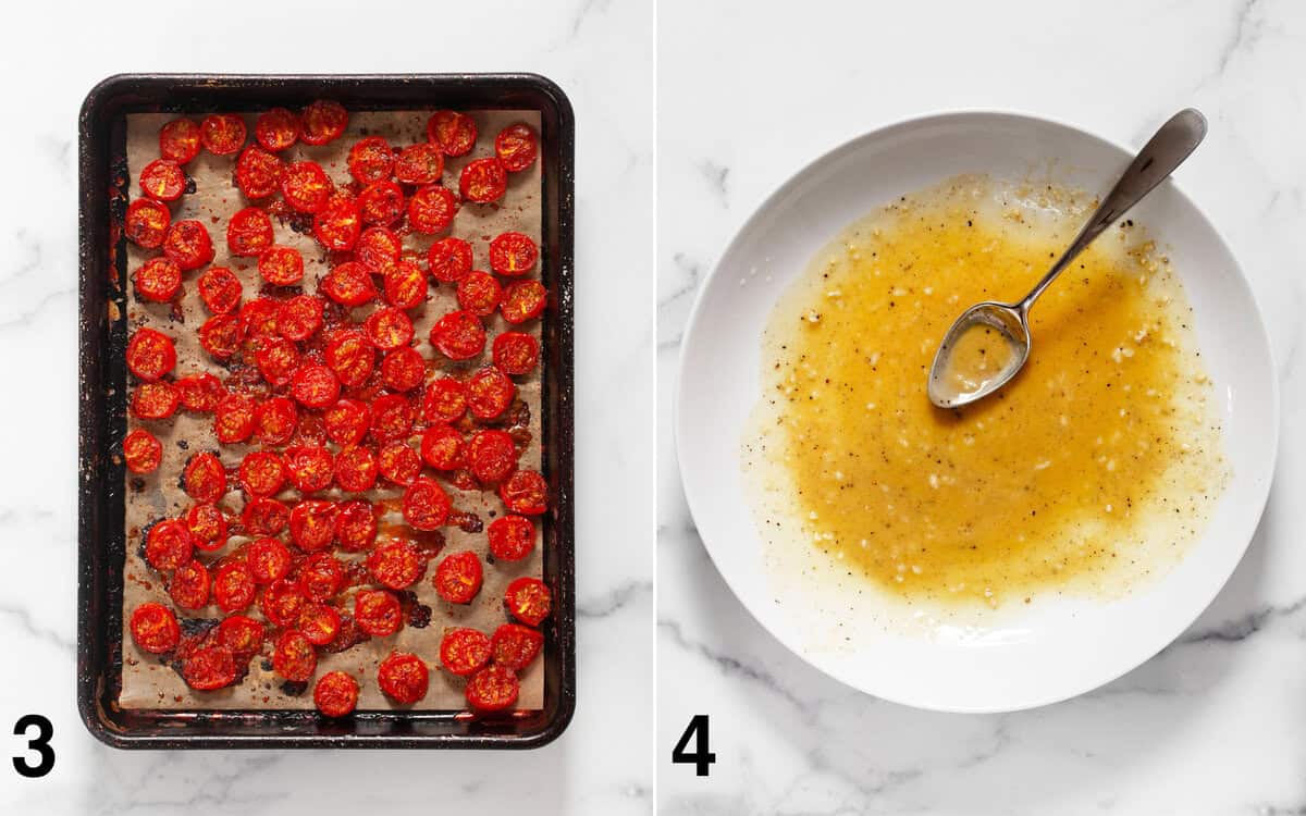 Roasted tomatoes on a sheet pan. Lemon dressing stirred in a bowl.