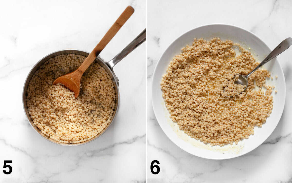 Cooked couscous in a pot. Couscous stirred into dressing in a bowl.