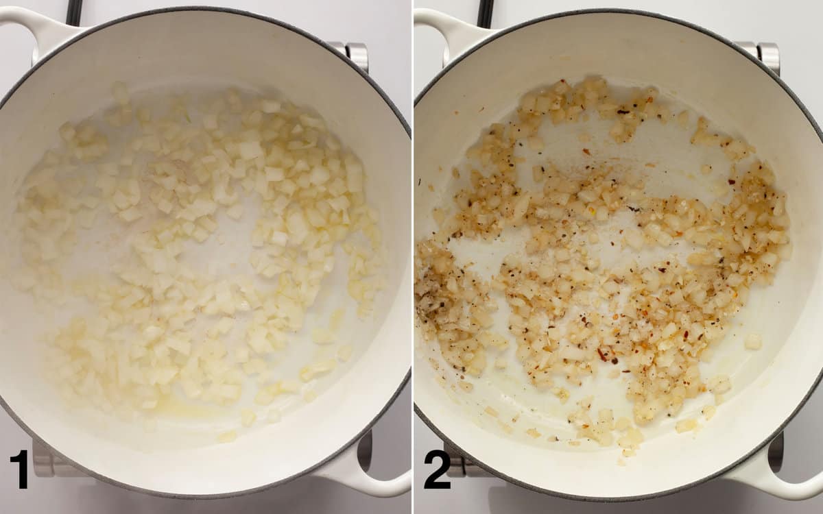 Onions sautéing in a large pot. Garlic and dried spices stirred into onions.