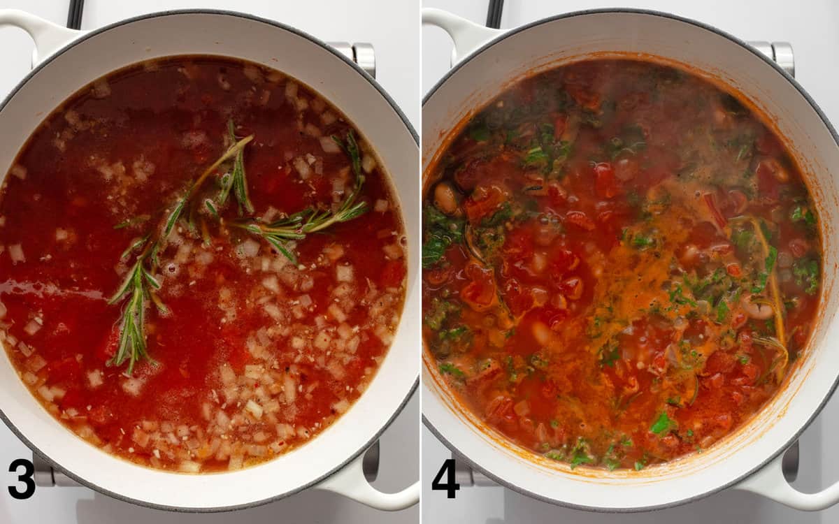 Rosemary sprigs simmering in white bean tomato soup. Kale stirred into soup.