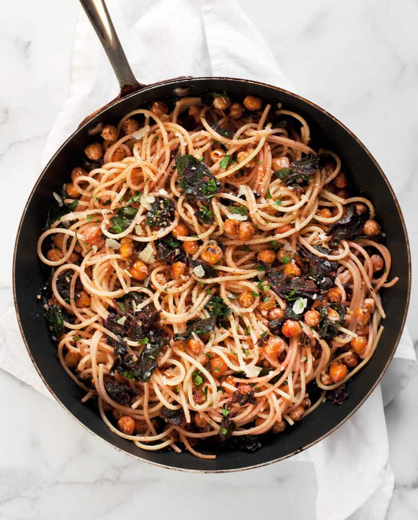 Spaghetti with Chickpeas and Swiss Chard in a Skillet