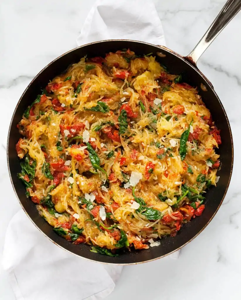Roasted Spaghetti Squash with Tomatoes and SpInach