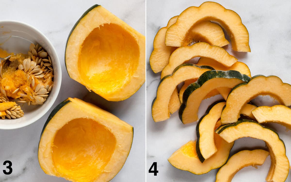 Scoop the seeds out of the squash halves. Thinly slice the squash.