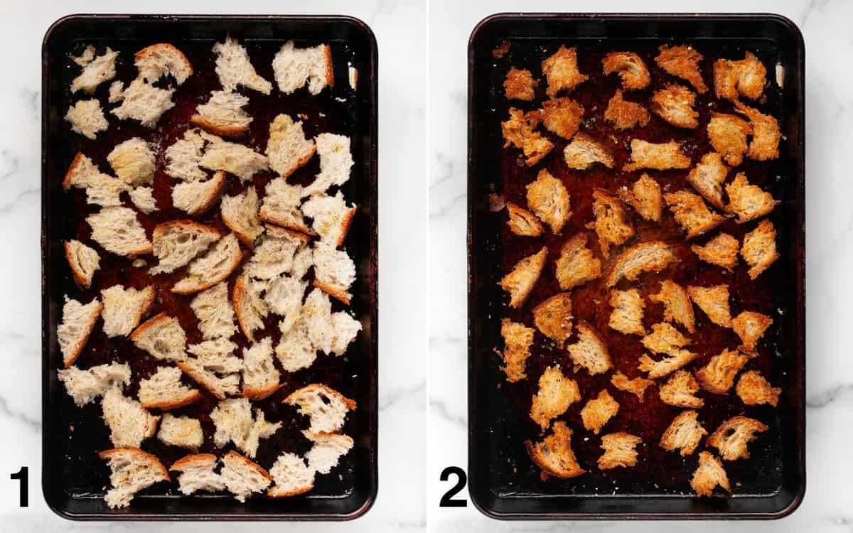 Torn bread on a sheet pan before and after it is toasted into croutons.