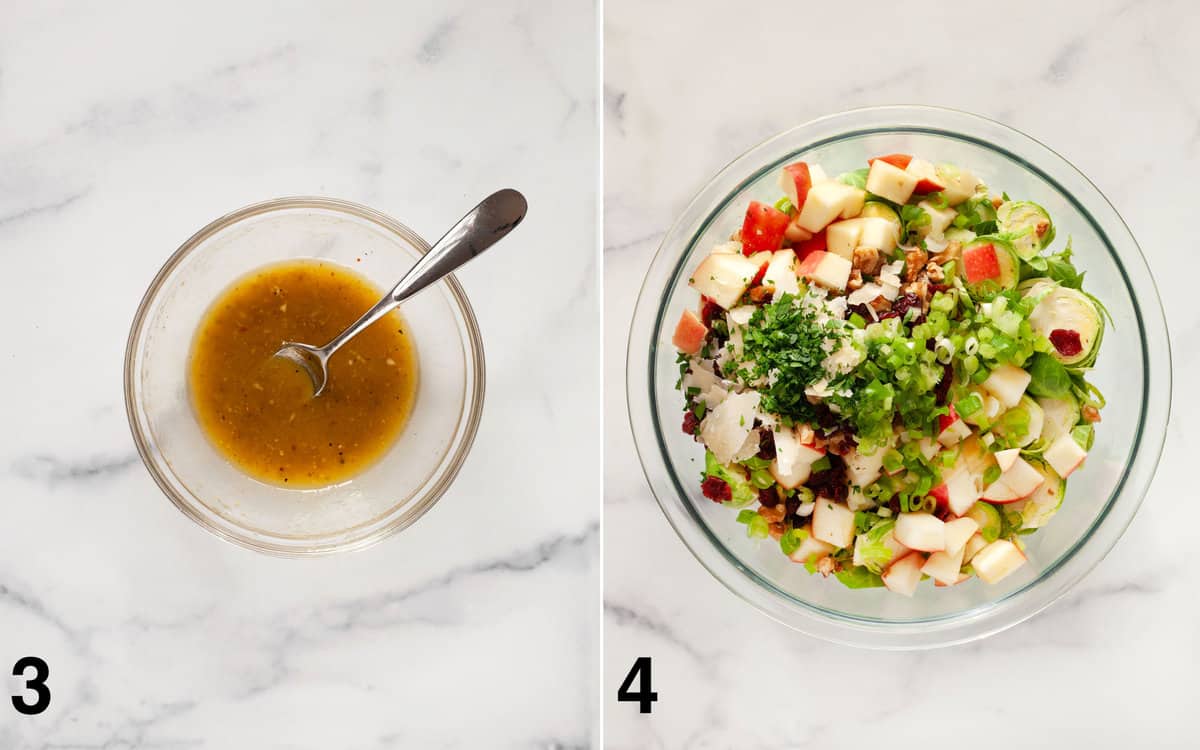 Vinaigrette whisked in small bowl. Salad ingredients combined in large bowl.