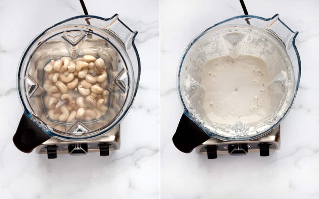 Pureeing cashews and water in a blender to make cashew cream