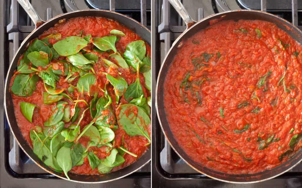 Simmer the tomatoes and spinach in a skillet
