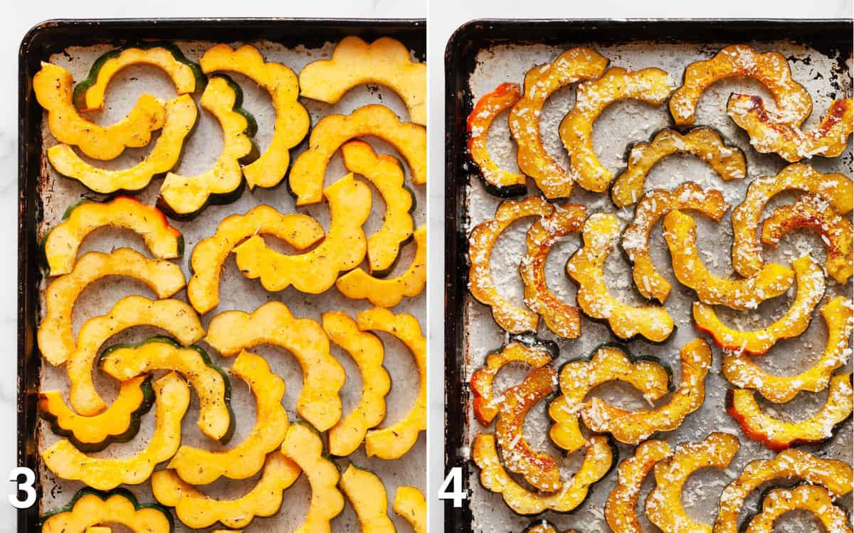 Sliced squash on a sheet pan before and after it is roasted.