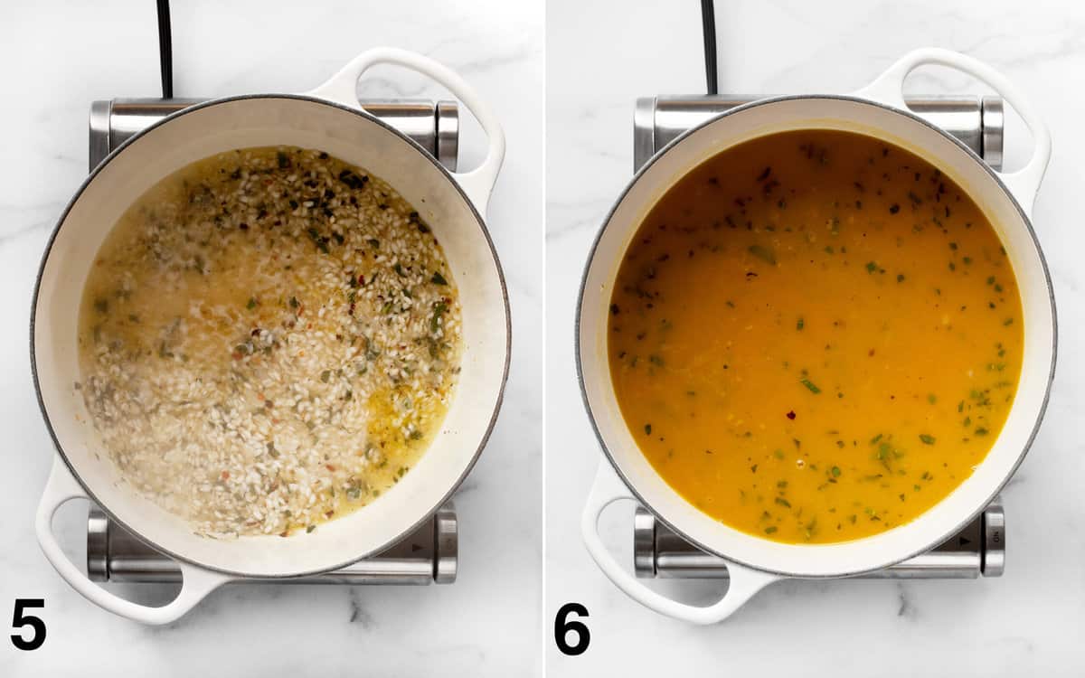 Pour the wine into the rice, deglazing the pan. Pour in the vegetable broth and pumpkin puree into the pot.