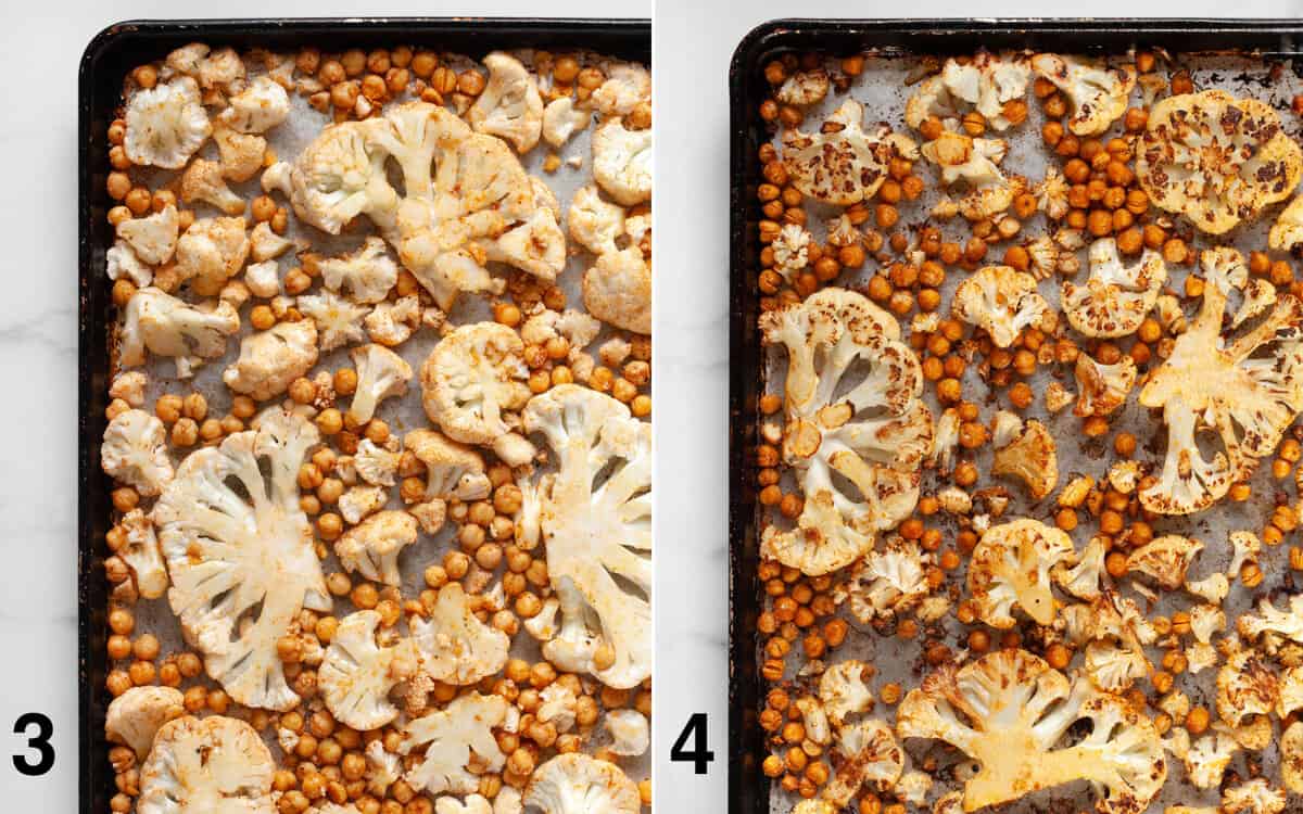 Cauliflower and chickpeas on a sheet pan before and after they are roasted.