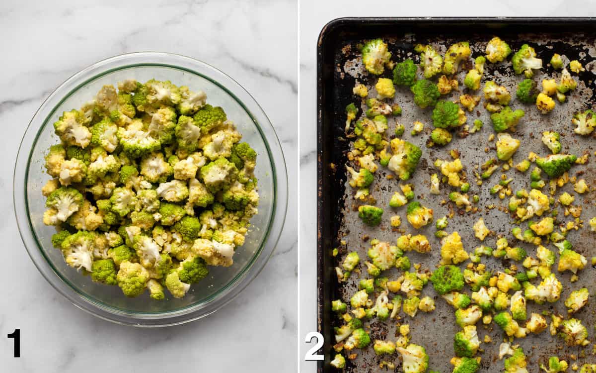 Romanesco in a bowl tossed with olive oil, red pepper flakes, salt and pepper. Roasted romanesco on a sheet pan.