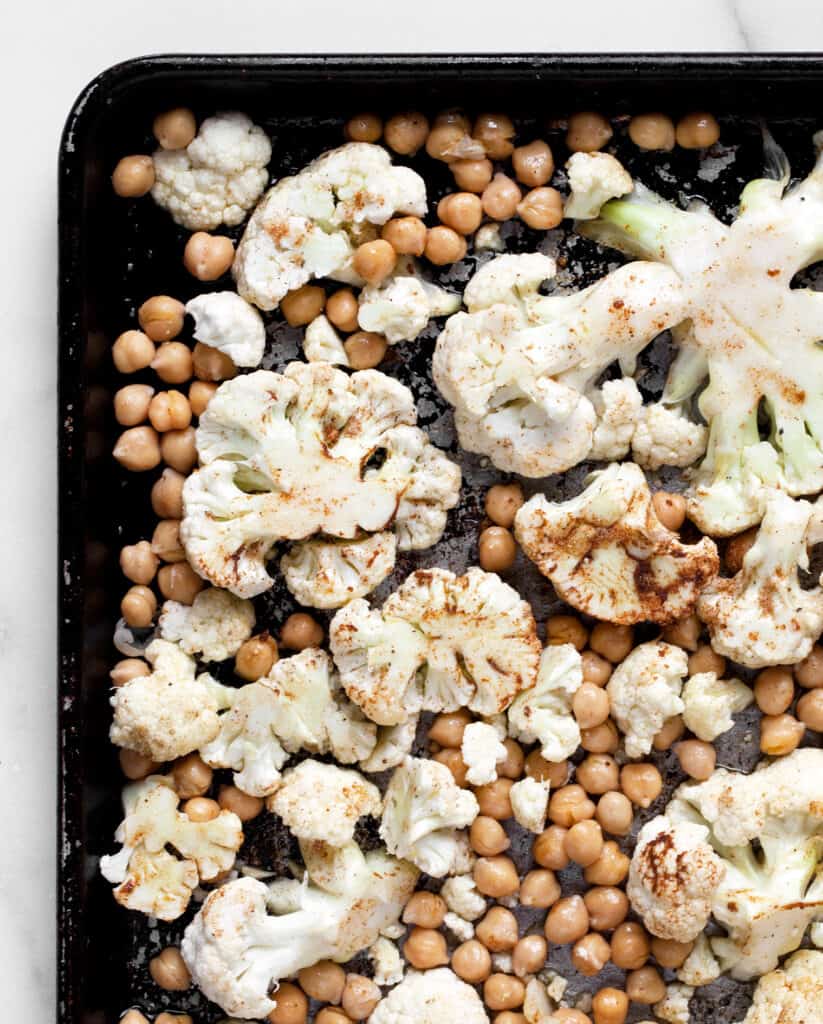 Cauliflower and chickpeas on sheet pan
