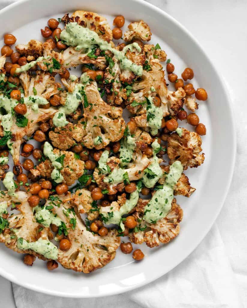 Roasted Cauliflower and Chickpeas with Herby Tahini