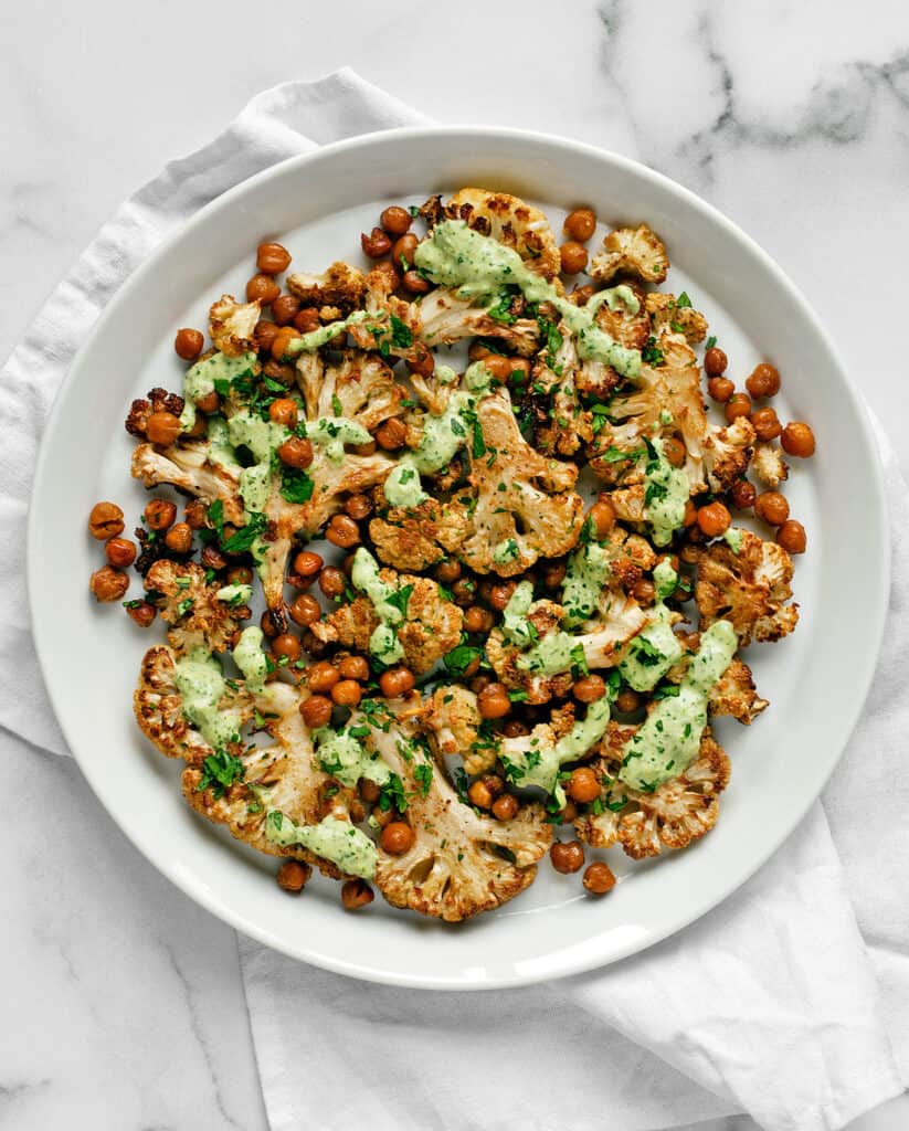 Roasted Cauliflower and Chickpeas with Herby Tahini