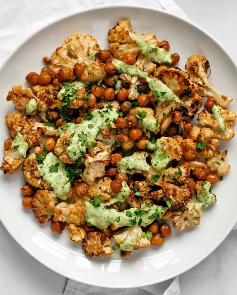 Roasted Cauliflower and Chickpeas with Herby Tahini