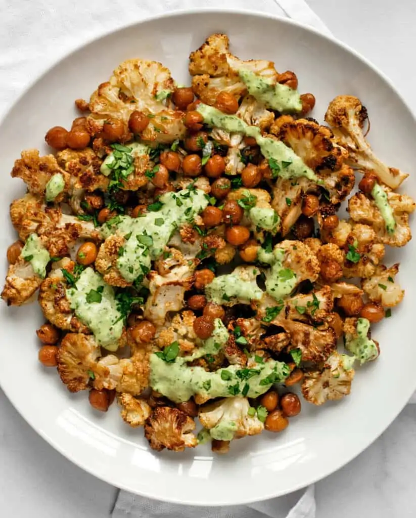 Roasted Cauliflower and Chickpeas with Herby Tahini