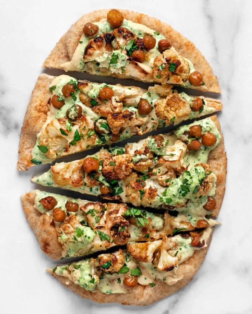 Roasted Cauliflower and Chickpea Flatbread with Herby Tahini