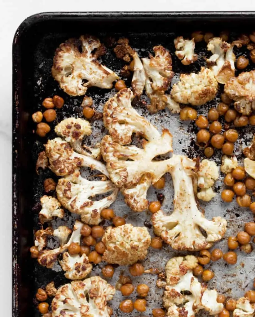 Roasted cauliflower and chickpeas on a sheet pan