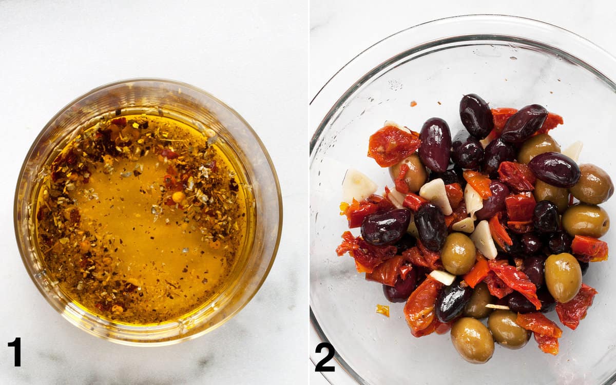 Stir the olive oil and spices in a small bowl. Then in a medium bowl combine the tomatoes, olives and garlic.