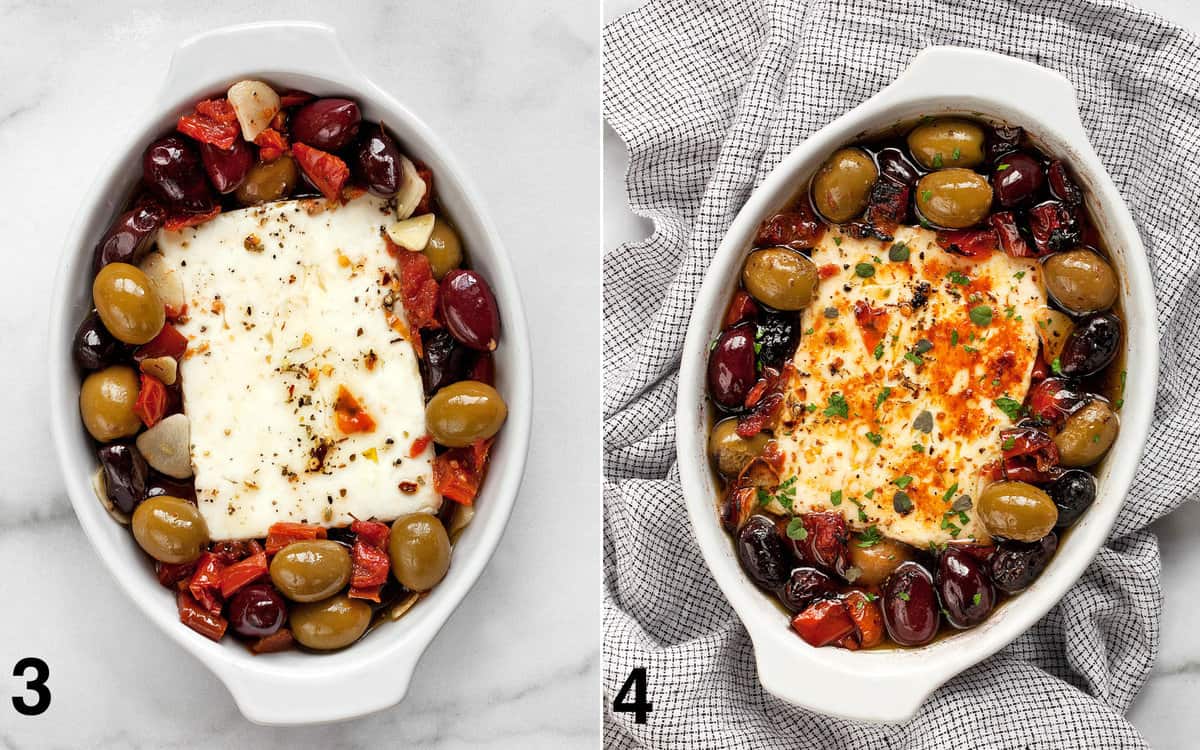 Arrange the feta, olives and tomatoes in a baking dish. Then bake it and broil l it to brown the cheese.