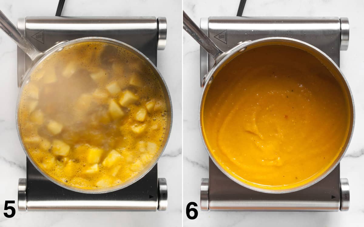 Bring the soup to a boil. Reduce the heat and let it simmer for 15-20 minutes, so the squash and apples are soft and tender. Puree the soup using an immersion blender in the pot.