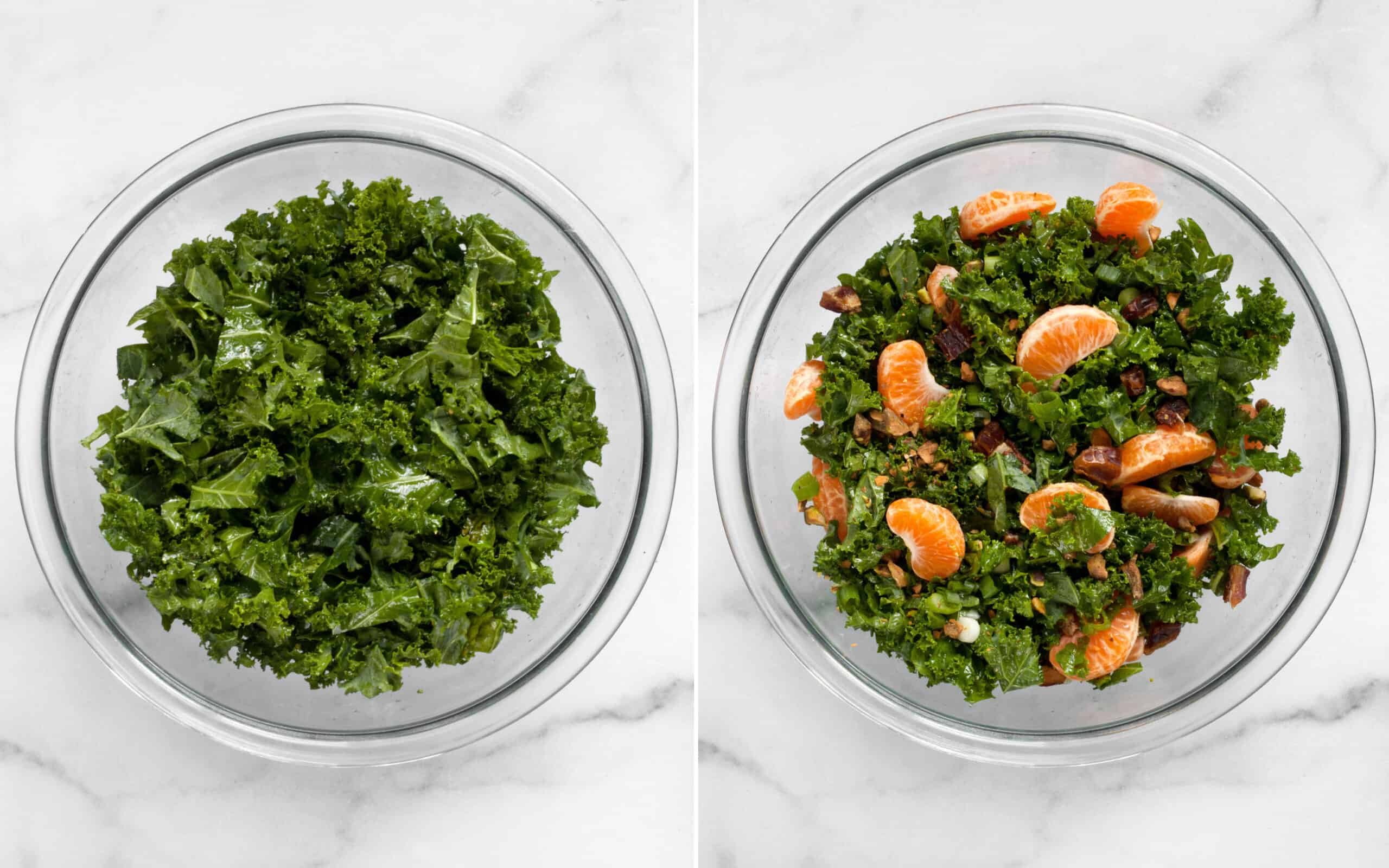 Massage the vinaigrette into the kale and stir int he oranges, pistachios and dates in a large bowl