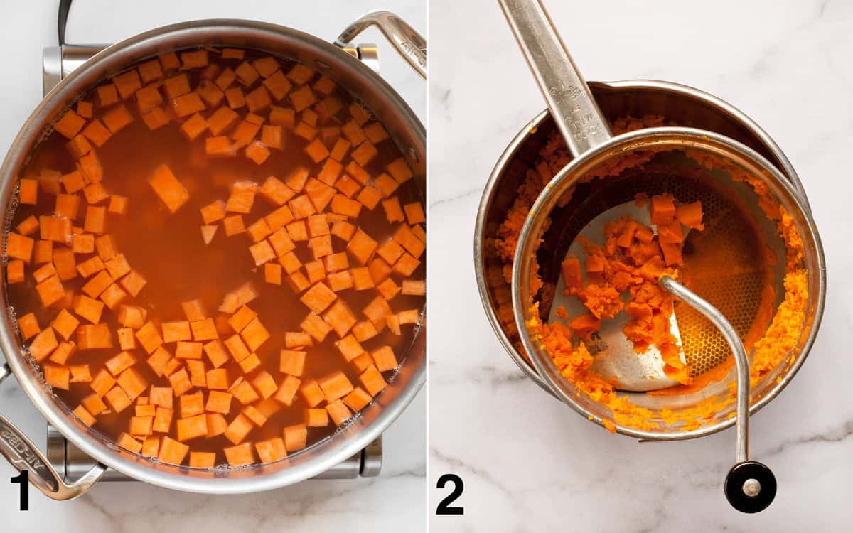 Cubed sweet potatoes simmering in pot of water. Sweet potatoes purred through food mill.