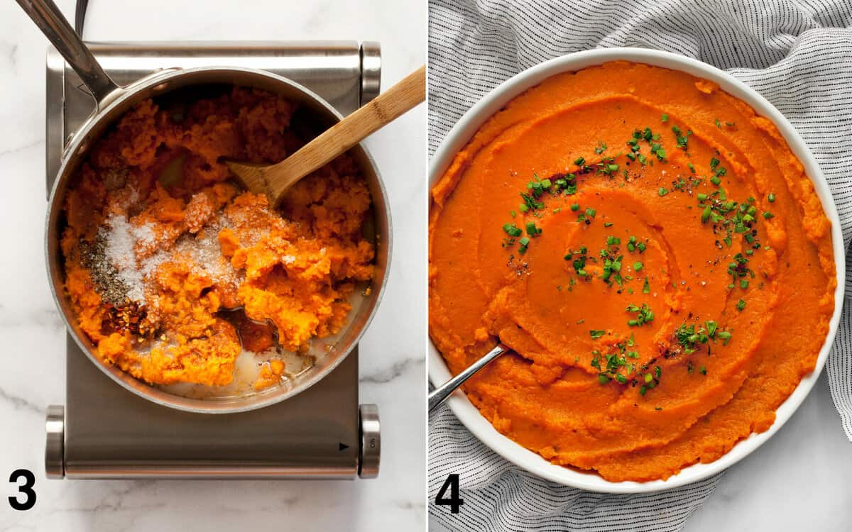 Milk, red pepper flakes, salt and pepper stirred into mashed potatoes. Serving bowl of mashed potatoes topped with herbs.