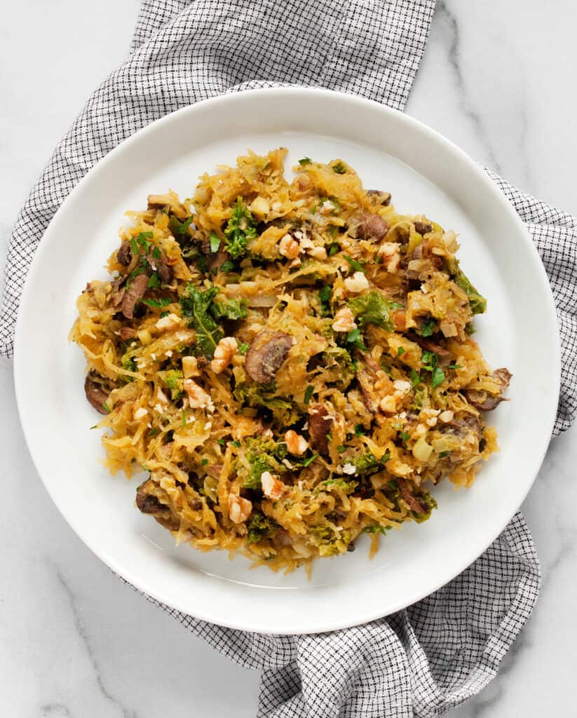 Roasted Spaghetti Squash with Mushrooms and Kale