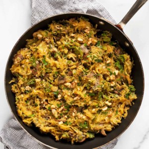 Mushroom Leek Kale Spaghetti Squash in a skillet