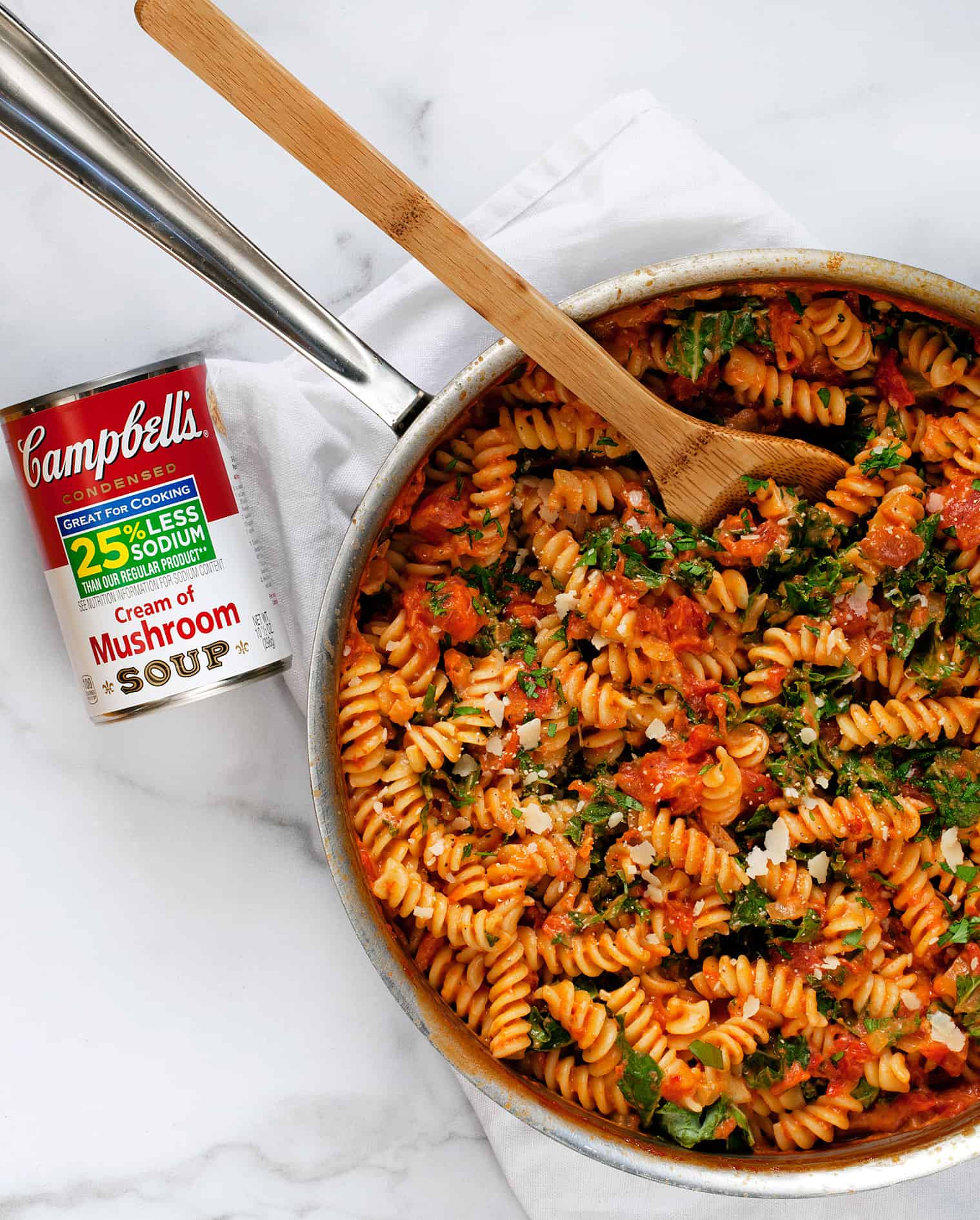 Tomato mushroom pasta in a skillet