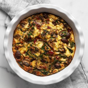 Crustless mushroom quiche with peppers, spinach and feta.